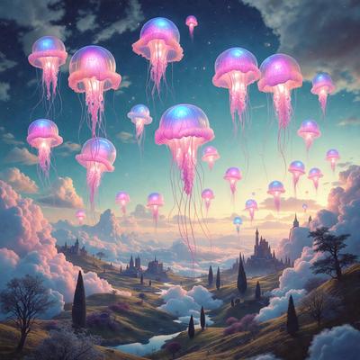Primary subject: Jellyfish
Setting/background: Sky
Visual style: Digital art
Colors and mood: Purple, pink, and blue